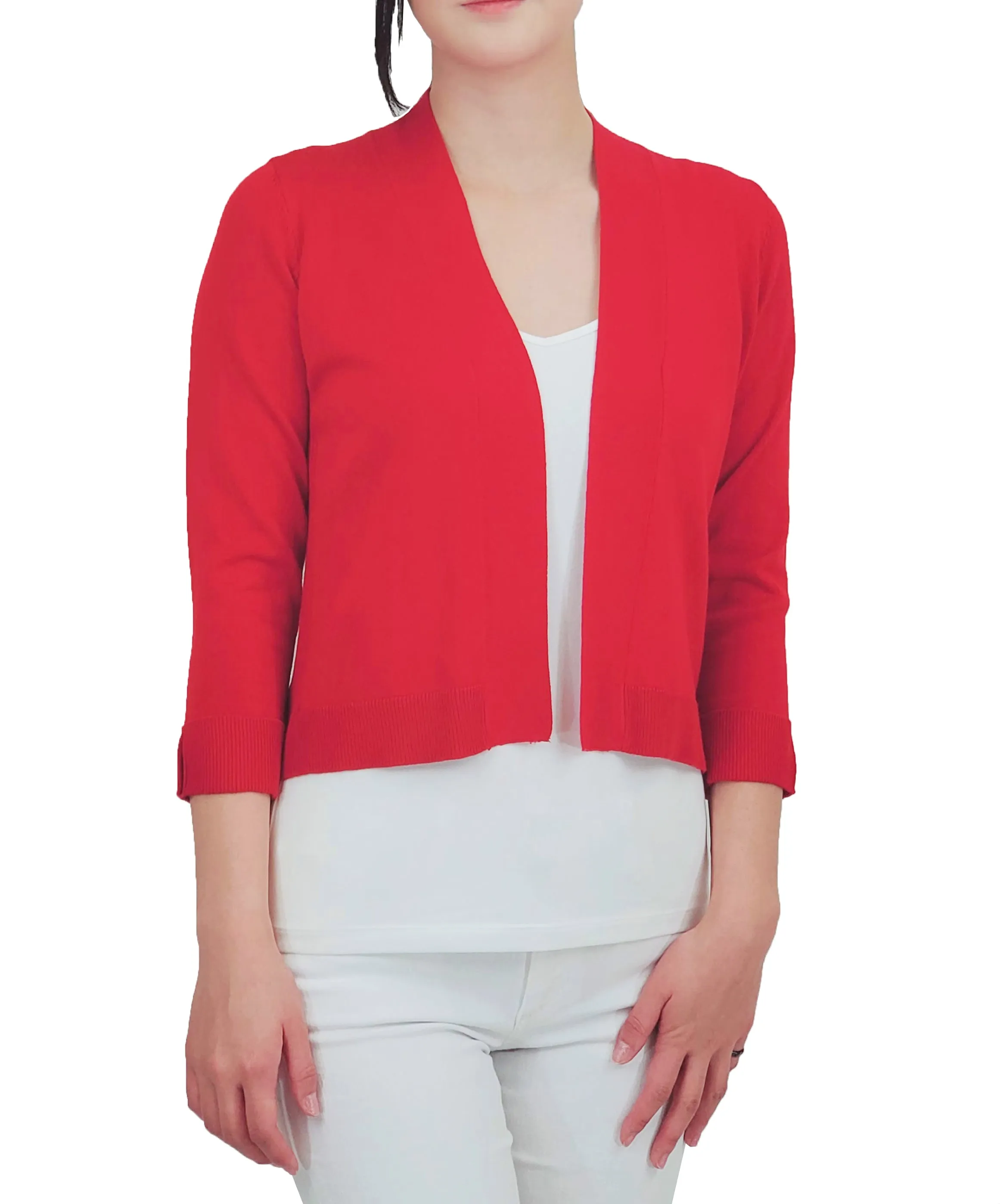 YEMAK Women's Classic 3/4 Sleeve Open Front Cropped Bolero Cardigan MK3558 (S-L)