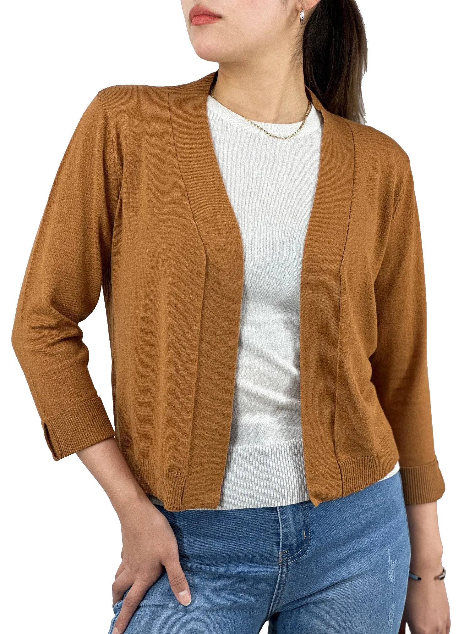 YEMAK Women's Classic 3/4 Sleeve Open Front Cropped Bolero Cardigan MK3558 (S-L)