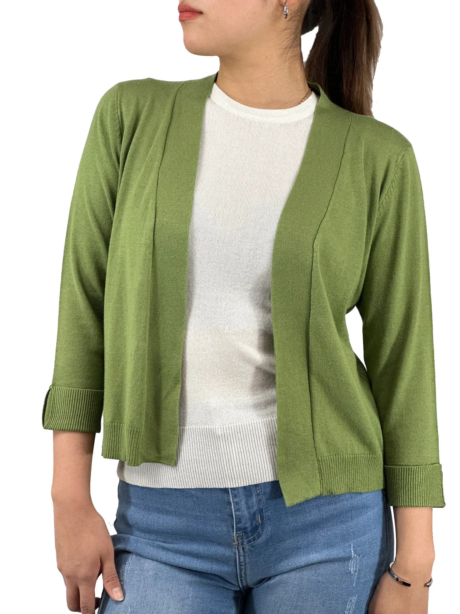 YEMAK Women's Classic 3/4 Sleeve Open Front Cropped Bolero Cardigan MK3558 (S-L)