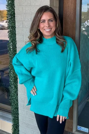 Zenana-Side Slit Oversized Sweater-Turquoise