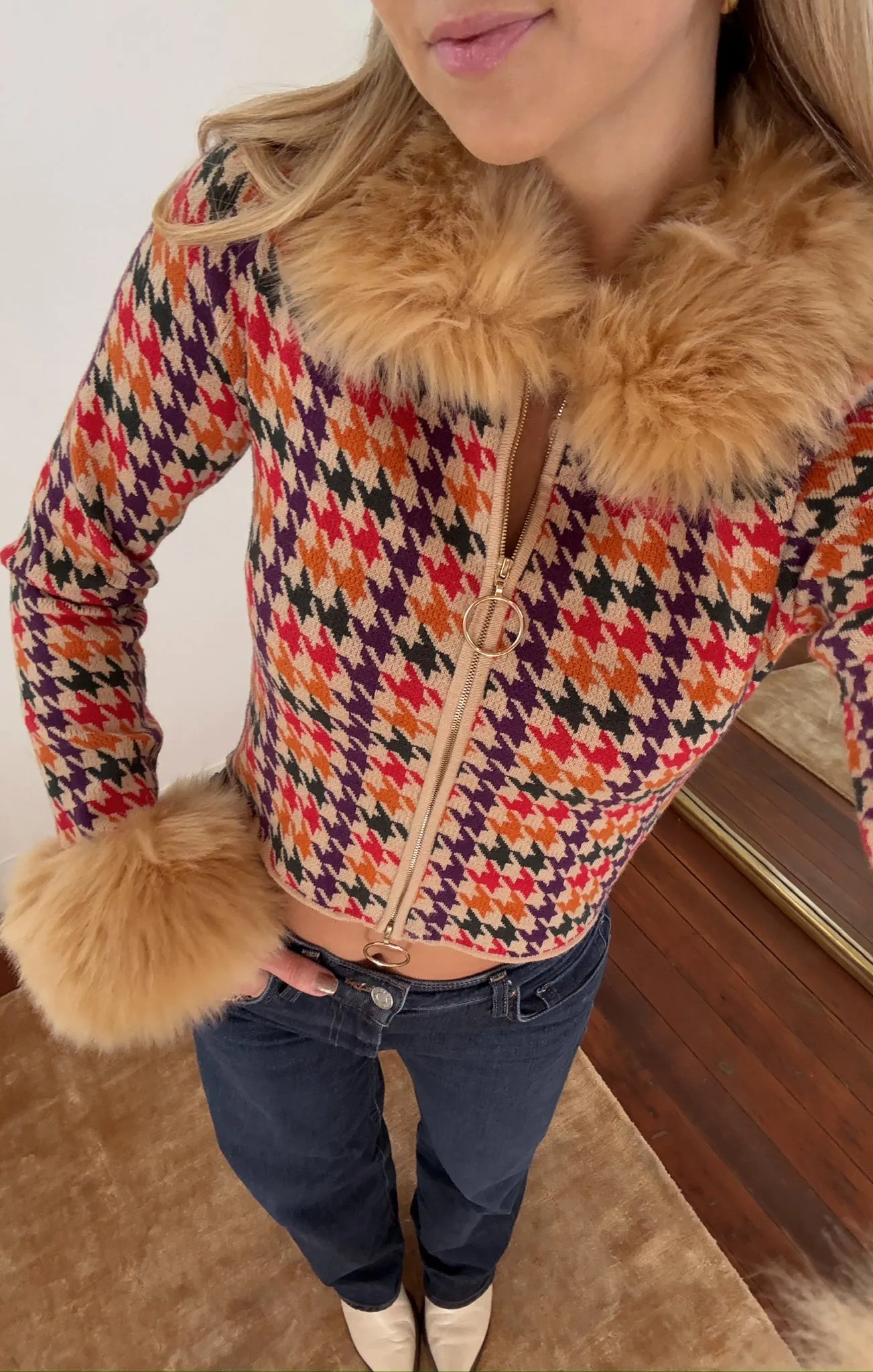 Zermatt Zip Up ~ Valley Houndstooth Faux Fur