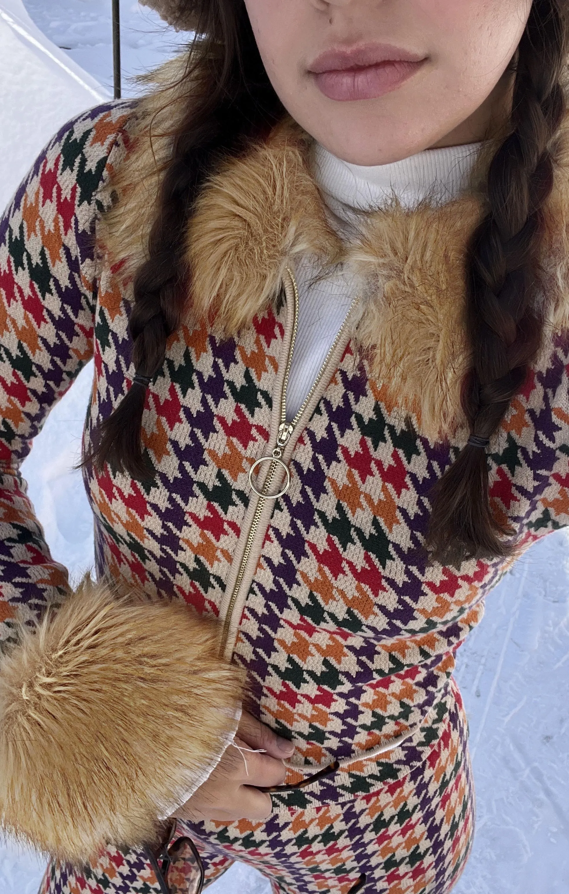 Zermatt Zip Up ~ Valley Houndstooth Faux Fur